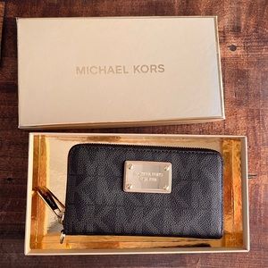 Women's Brown MK Logo Zip Wallet